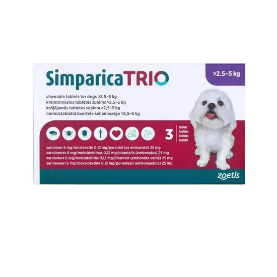 Simparica TRIO packaging for dogs 2.5-5 kg with a white dog illustration on a white background