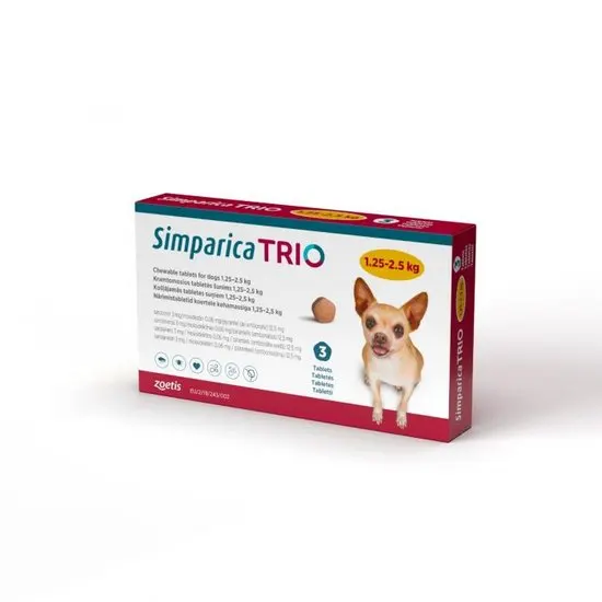 Simparica TRIO packaging for small dogs 1.25-2.5kg on a white background