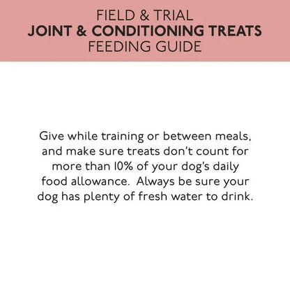Feeding guide for Field & Trial Joint & Conditioning Treats on a white background with pink border.