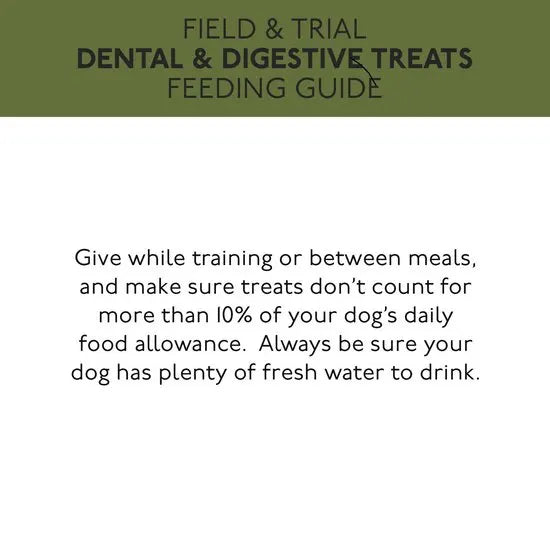 Feeding guide for dental and digestive treats with text on a green and white background