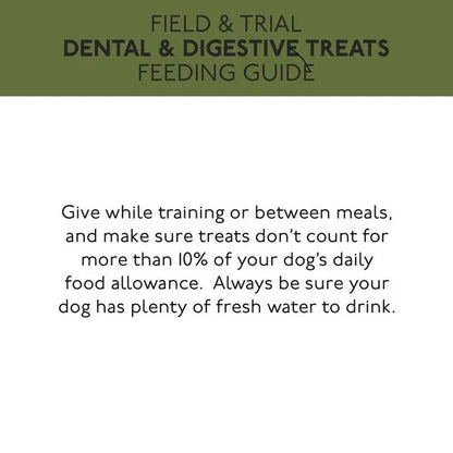 Feeding guide for dental and digestive treats with text on a green and white background