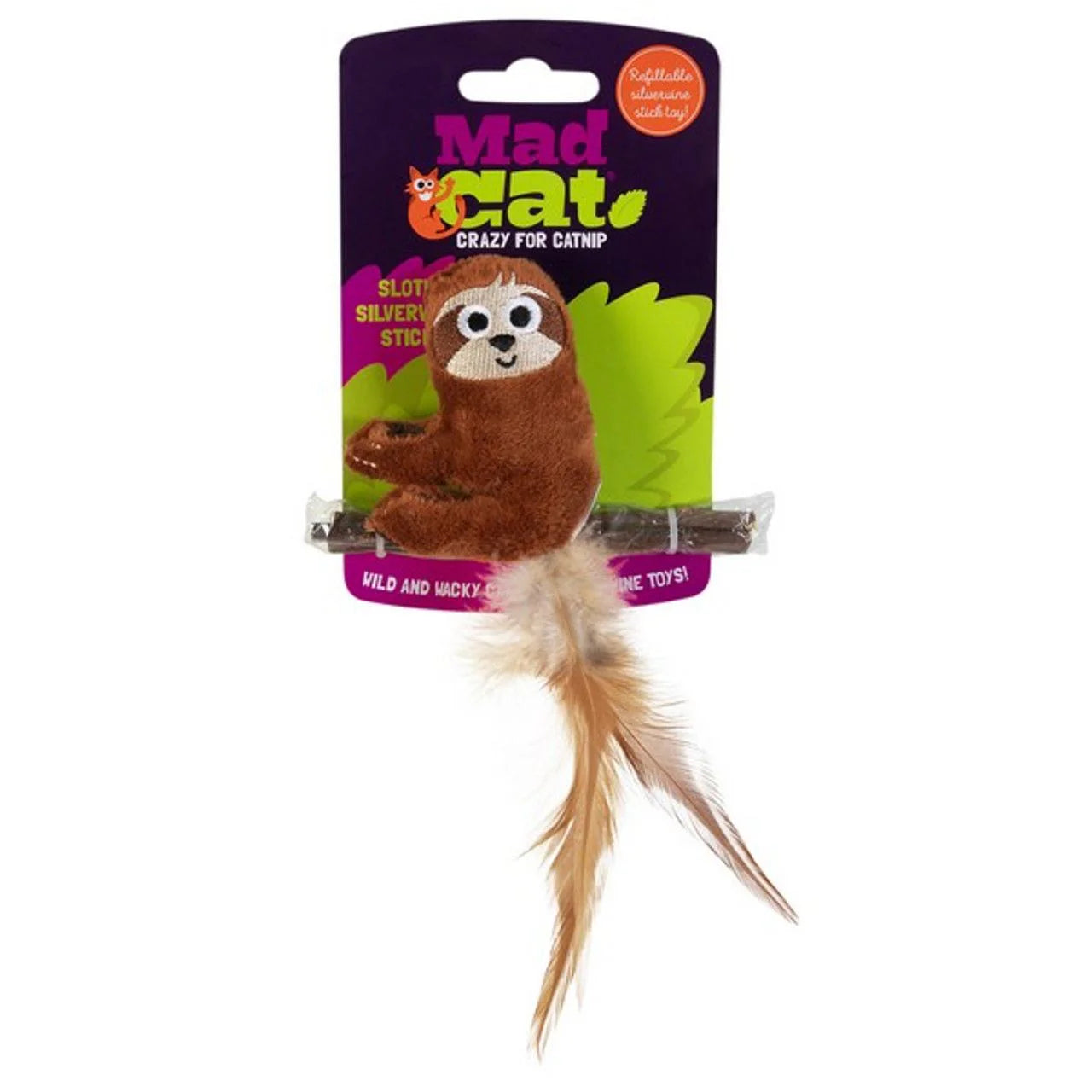 Cat toy with sloth design on packaging, featuring the brand 'Mad Cat'.