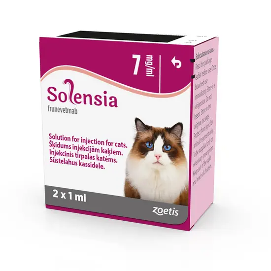 Solensia injection solution packaging for cats with a cat illustration on a white background