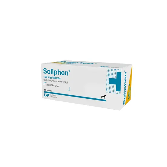 Box of Soliphen 120 mg tablets for dogs on a white background