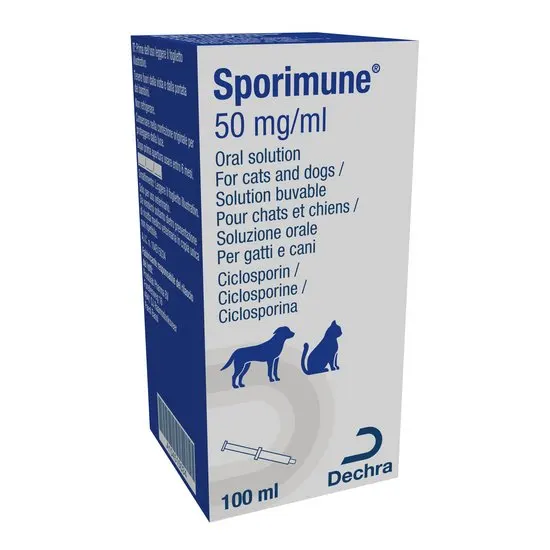 Sporimune 50 mg/ml oral solution packaging for cats and dogs on a white background