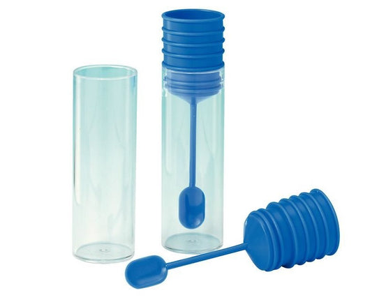 Clear plastic stool sample bottle with blue cap 