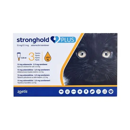 Stronghold Plus packaging for cats <2.5kg with a black cat image on a white background