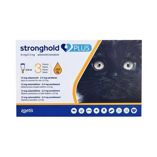 Stronghold Plus packaging for cats <2.5kg with a black cat image on a white background