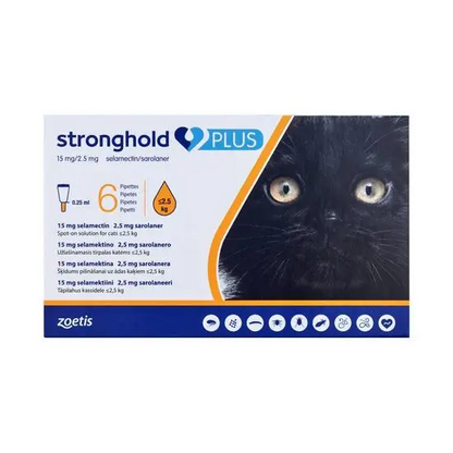 Stronghold Plus packaging for cats <2.5kg with a black cat illustration on a white background