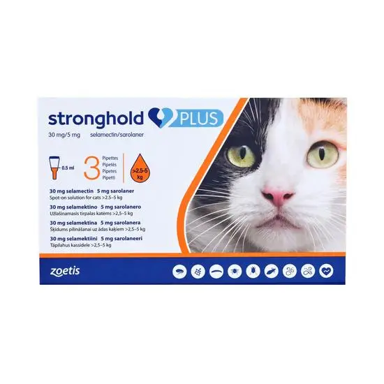 Stronghold Plus packaging for cats 2.5-5kg with a cat's face on the label.
