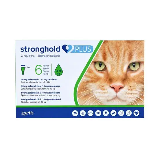 Stronghold Plus packaging for cats 5-10kg with a cat's face on the label.