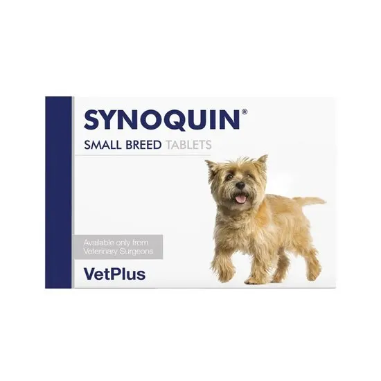 SYNOQUIN small breed tablets packaging with a dog illustration on a white background