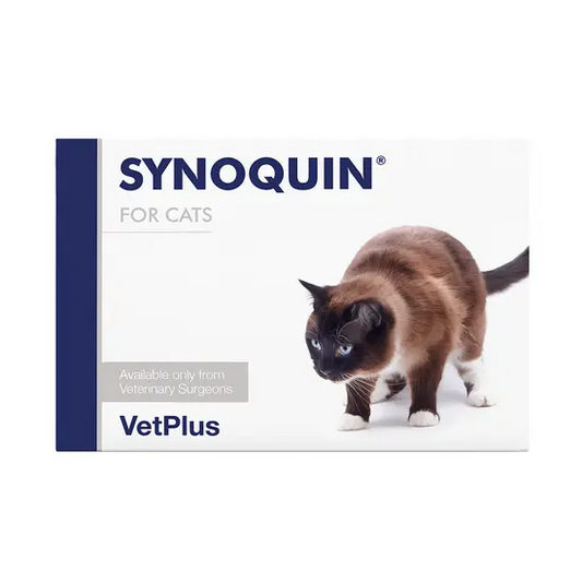 SYNOQUIN for cats packaging with a cat illustration on a white background