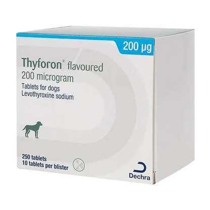 Box of Thyforon 200mcg flavoured tablets for dogs with Dechra logo