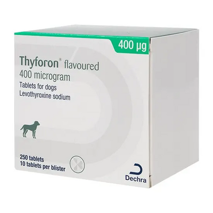 Box of Thyforon 400mcg flavored tablets for dogs with Dechra logo