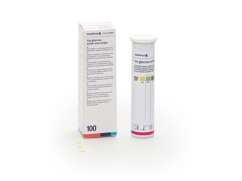 Tube and box of Cvet urine glucose test strips on a white background