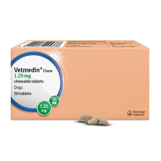 Box of Vetmedin 1.25mg chewable tablets for dogs with two tablets on a white background