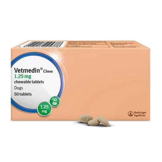 Box of Vetmedin 1.25mg chewable tablets for dogs with two tablets on a white background
