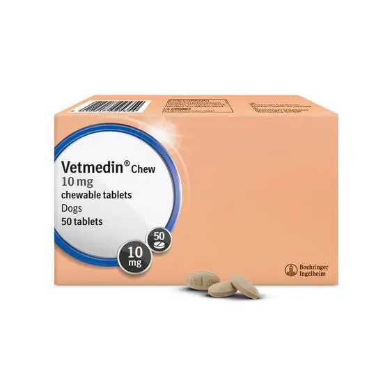 Box of Vetmedin Chew 10 mg chewable tablets for dogs with two tablets on a white background