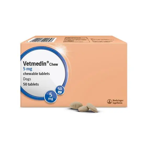 Box of Vetmedin Chew 5 mg chewable tablets for dogs on a white background