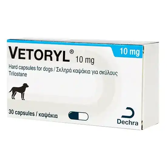 Box of Vetoryl 10 mg hard capsules for dogs with Dechra branding on a white background.