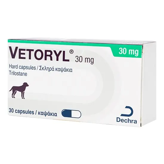 Box of Vetoryl 30 mg hard capsules for dogs on a white background