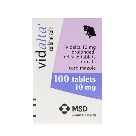 Vidalta 10mg carbimazole packaging for cats with MSD logo on a white background
