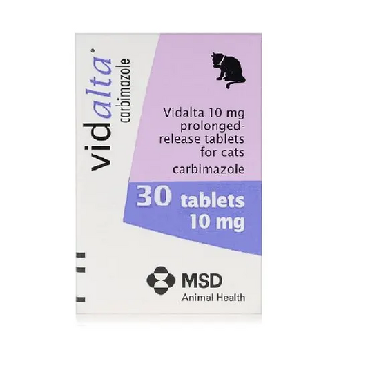 Vidalta 10mg carbimazole packaging for cats with MSD logo on a white background