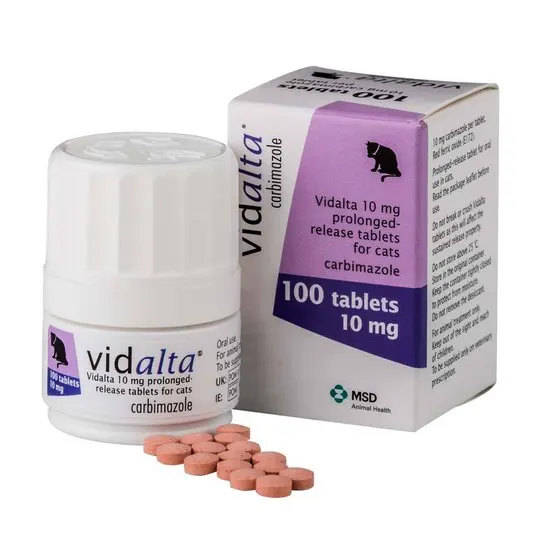 Vidalta 10mg cat medication with bottle and packaging on a white background
