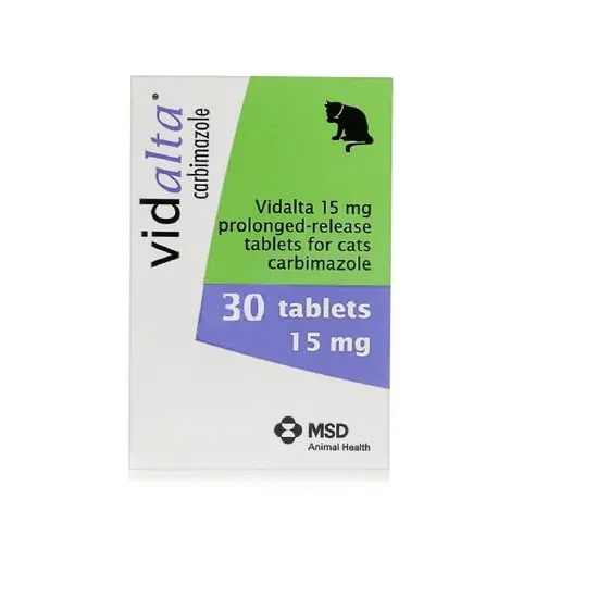 Vidalta 15mg carbimazole packaging for cats with MSD logo on a white background