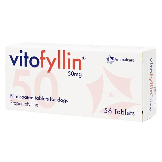Box of vitofyllin 50mg film-coated tablets for dogs on a white background