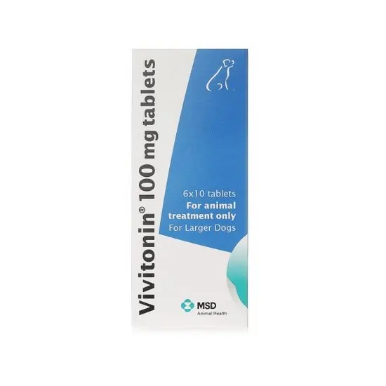 Vivitonin 100 mg tablets packaging for animal treatment, specifically for larger dogs, on a white background.