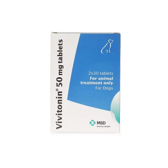 Vivitonin 50 mg tablets packaging for animal treatment, specifically for dogs, on a white background.