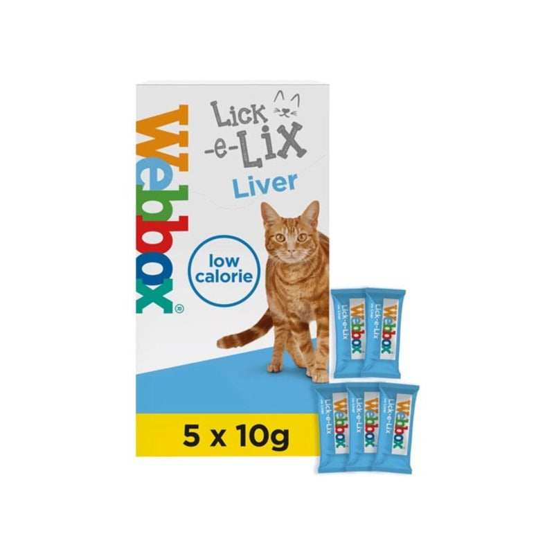 Webbox Lick-e-Lix Liver treats packaging with a cat illustration on a white background