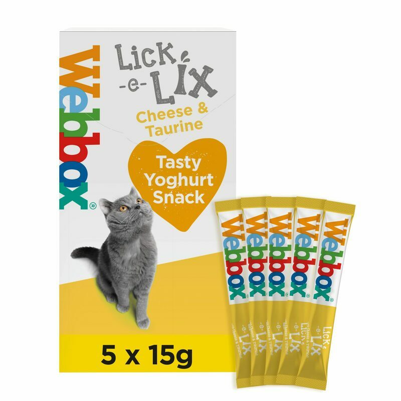 Lick-e-Lix Webbox cat treat packaging with a gray cat on a white background