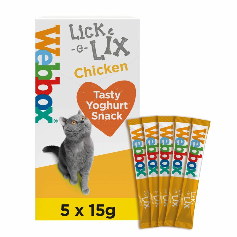 Lick-e-Lix Webbox cat snack packaging with a cat on a white background