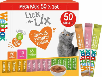 Lick-e-Lix Webbox cat snack package with 50 sachets on a white background