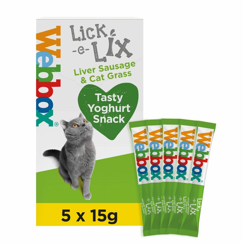 Webbox Lick-e-Lix cat treats packaging with a gray cat on a white background