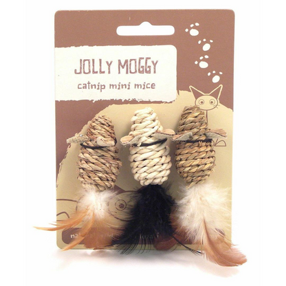 Jolly Moggy catnip mini mice toy with packaging on a white background