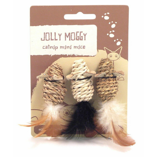 Jolly Moggy catnip mini mice toy with packaging on a white background