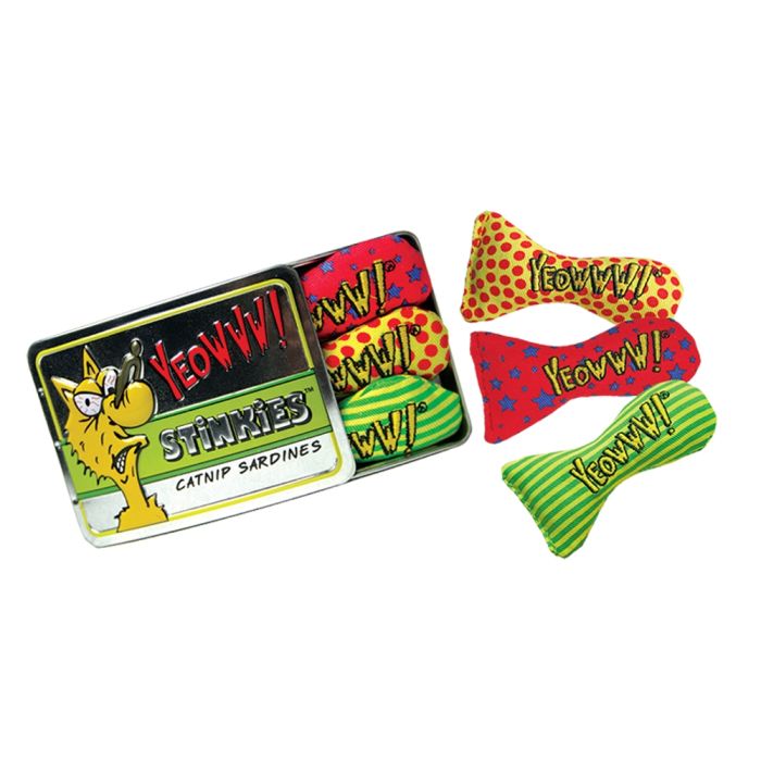 Catnip sardine packaging with colorful catnip toys on a white background