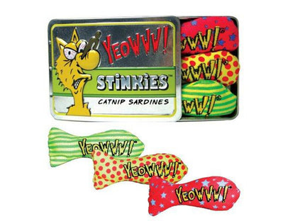 Catnip sardine toys with colorful packaging featuring the brand 'yeowww! Stinkies'.
