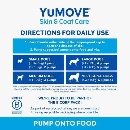 Yumove Skin & Coat Care directions for daily use on a blue background
