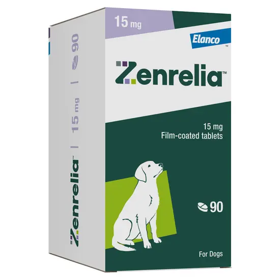Box of Zenrelia 15 mg film-coated tablets for dogs by Elanco on a white background