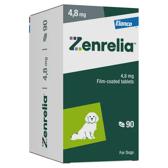 Box of Zenrelia 4.8mg  film-coated tablets for dogs by Elanco on a white background
