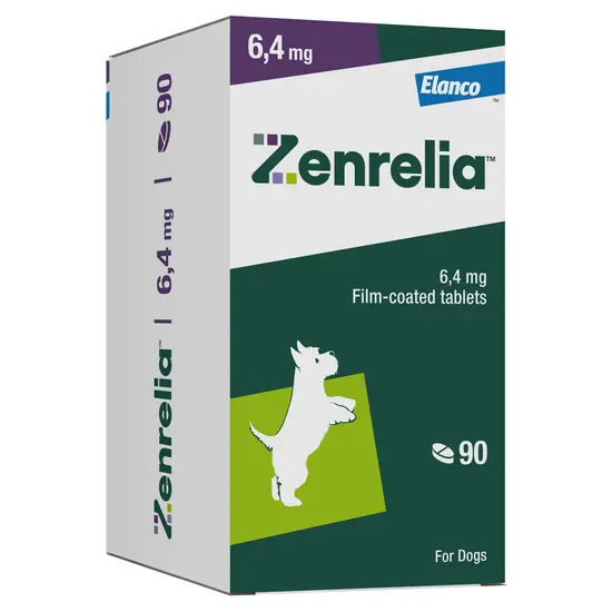 Box of Zenrelia 6.4mg film-coated tablets for dogs by Elanco on a white background