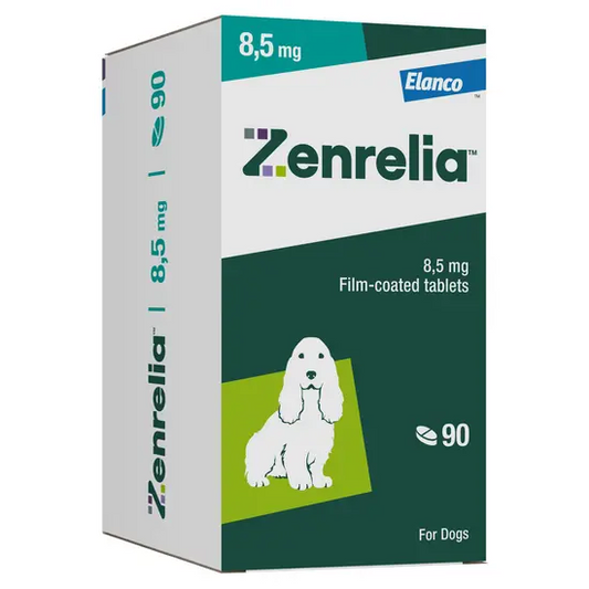 Box of Zenrelia 8.5mg film-coated tablets for dogs by Elanco on a white background